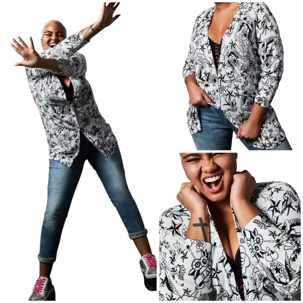 White Floral-Skull Print Women's Cardigan Sweater